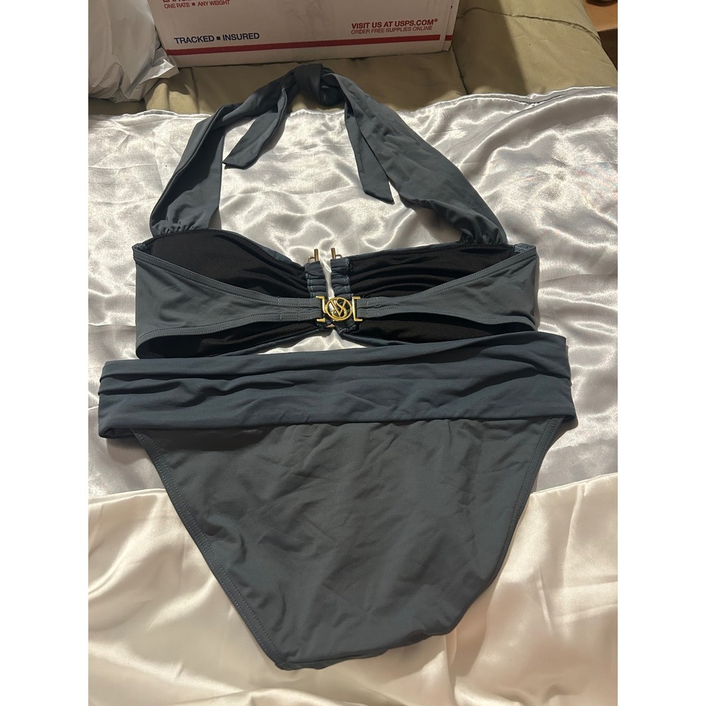 Victorias Secret Gray Ruched Halter Bandeau Bikini Set Gold Hardware Womens M - Picture 2 of 7